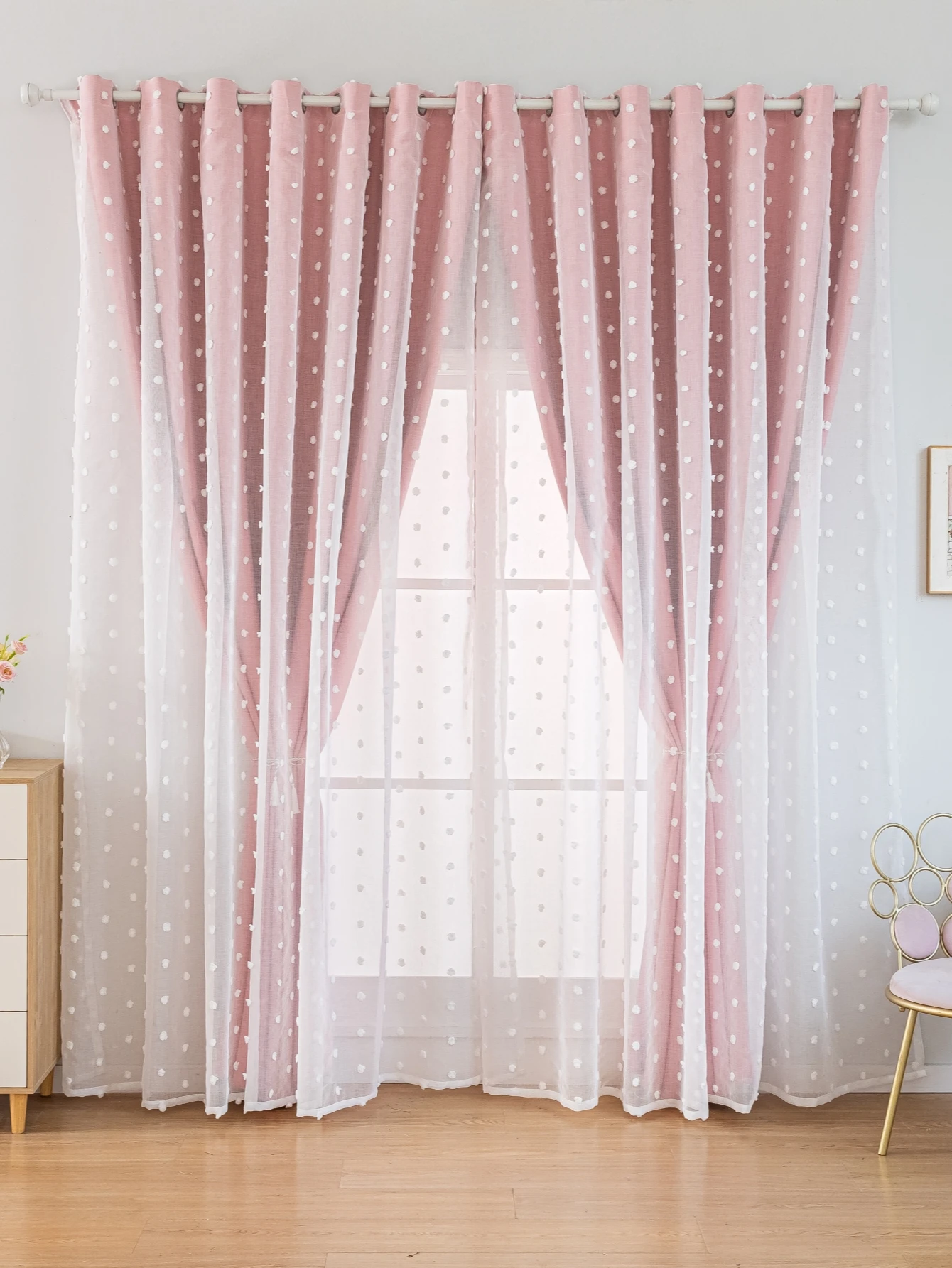 pink Double layered blackout curtains with perforated white dot gauze decor for  living rooms bedrooms office festive decor