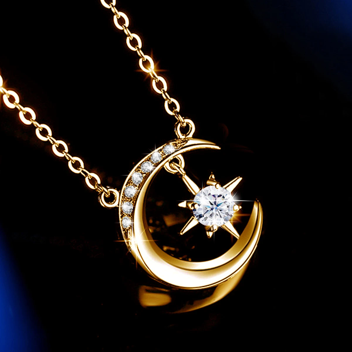 

Sparkling Moon Star Moissanite Pendant Necklace 925 Sterling Silver Chain Birthdays Christmas Valentine's Jewelry Gift for Women