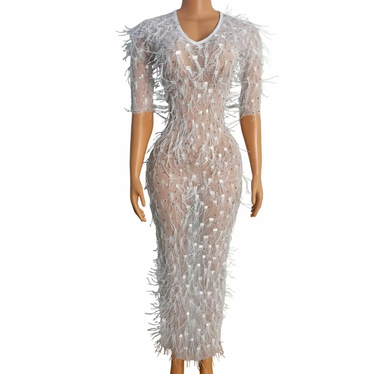 

Baitang Womens Luxury White Feather Sequin Sheer Mesh Midi Dress Half Sleeve V Neck Bodycon Formal Evening Party Cocktail Gown