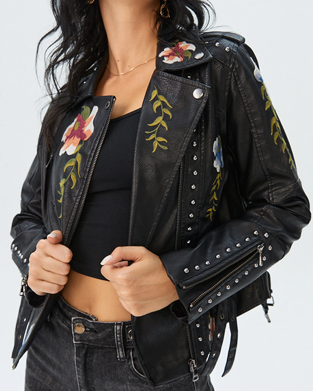 Women's Floral Embroidered Faux Leather Moto PU Jacket Biker Bomber Coat