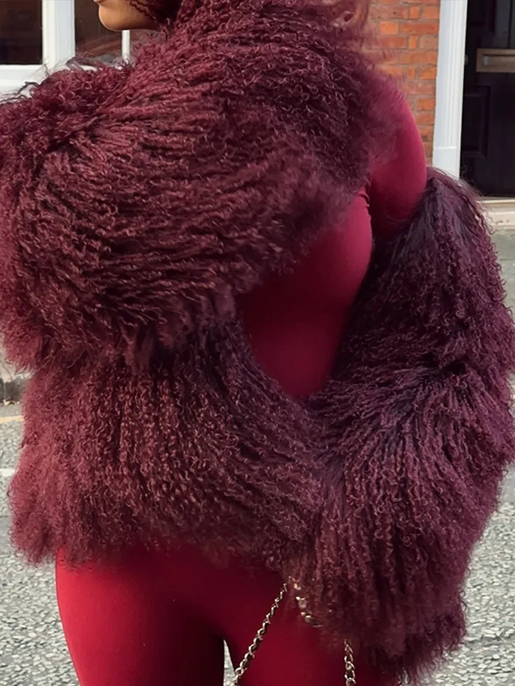 Chic Ins Burgundy Faux Fur Coat Women Fashion Thick Warm Long Sleeved Fluffy Jackets Autumn Winter Cool Girls Casual Overcoat