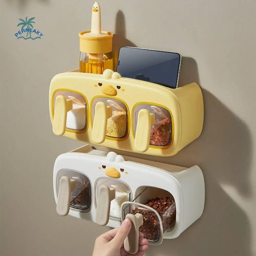 

Wall-Mounted Spice Storage Rack with Spoon 3 Grids Kitchen Storage Organizer No Punching Sealed Kitchen Seasoning Jar