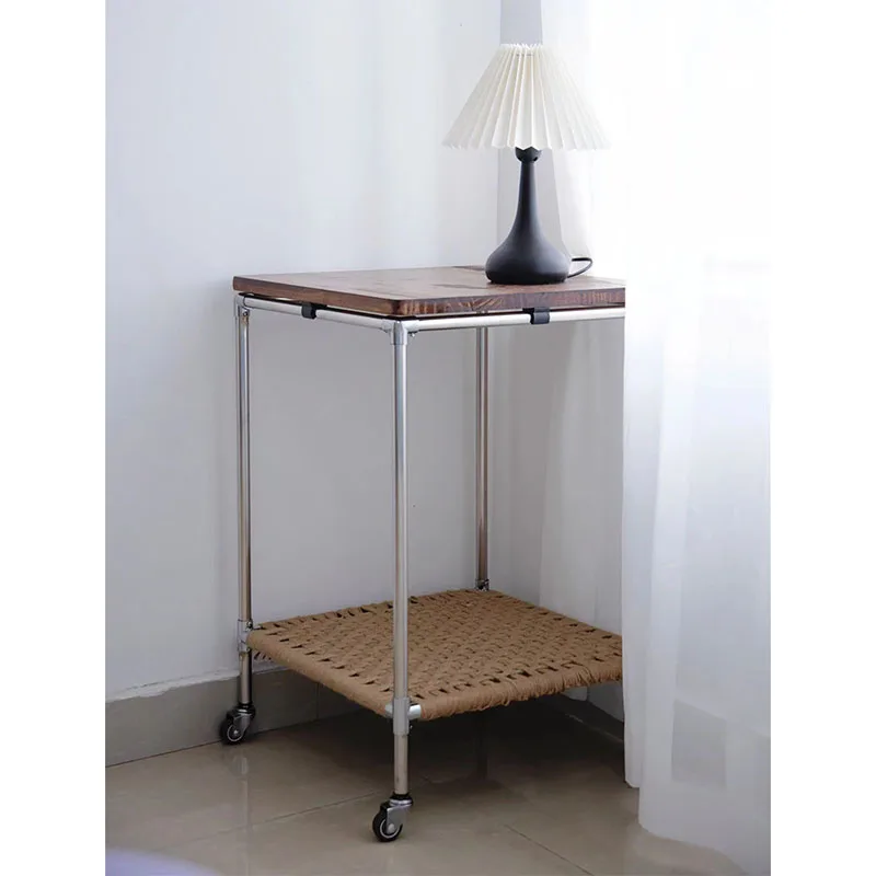 Creative living room side few medieval stainless steel bedside table modern household hemp rope trolley mobile