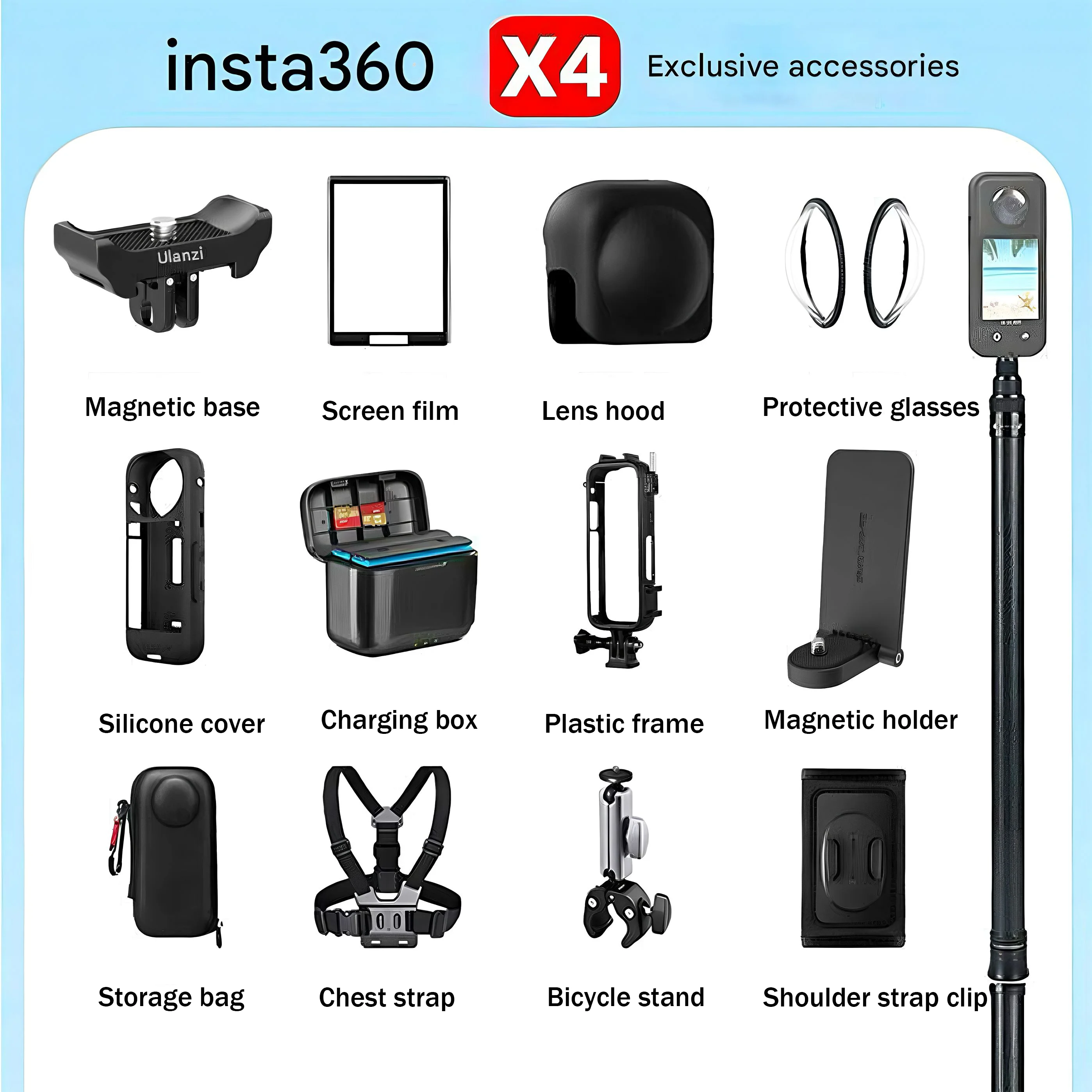 For Insta360 X4 accessories riding bracket storage bag selfie stick lens cover backpack clip silicone protective cover