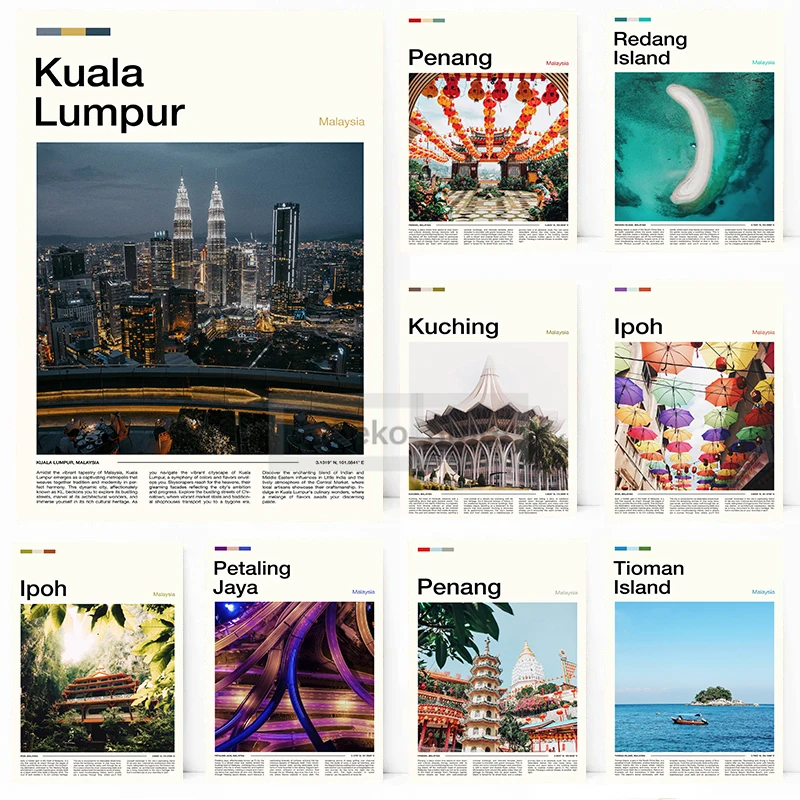 Asia Malaysia Travel Posters Kuala Lumpur Ipoh Kuching Penang Redang Island Prints Canvas Wall Pictures Home Room Modern Decor