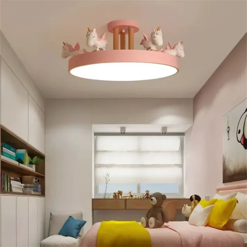 Modern Led Unicorn Ceiling Mounted Light for Children Kids Girls Pink Decoration Lamp Horse Remote Control Dimmable Home Bedroom