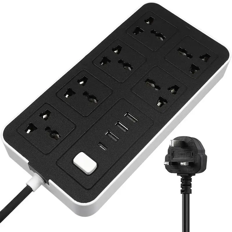 

Flat Power Strip Extension Cable Multi Plug Outlet With USB Charging Ports UK Plug British Standard Panel Wiring Socket 2M Cable