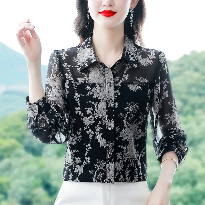 

Women's Vintage Floral Print Chiffon Shirt Long Sleeve Elegant Loose Fit Blouse Spring Casual Tops