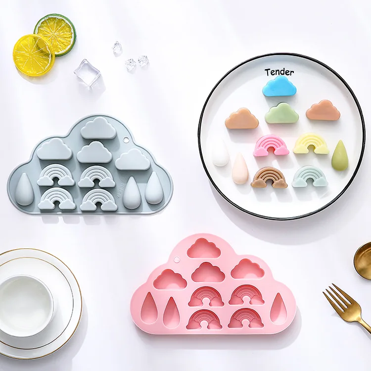 11 Grid Rainbow Clouds Raindrops Shape Ice Lattice Mold Food Grade Silicone Baking Tools Chocolate Cookie Cake Ice Cube Molds