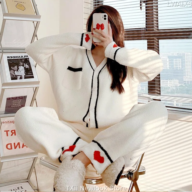 TXii Newlook Soft Pajamas Women's Two-Piece Suit Autumn and Winter Hand-Painted Cartoon Flower Outer Wool Knitted Home Clothes