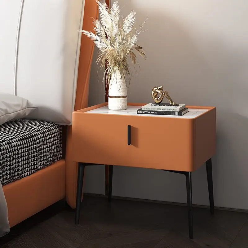 Fully packaged and shipped, high-end sintered stone light luxury modern solid wood bedside table, bedroom leather mini creative