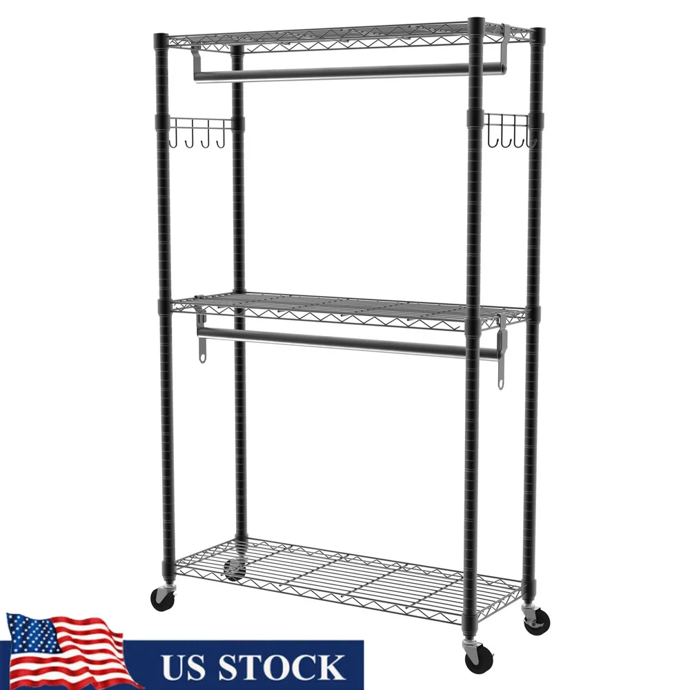 

3 Tiers Adjustable Rolling Clothes Rack Double Rods Side Hooks Lockable Wheels Multi-Functional Storage Organizer Easy Install