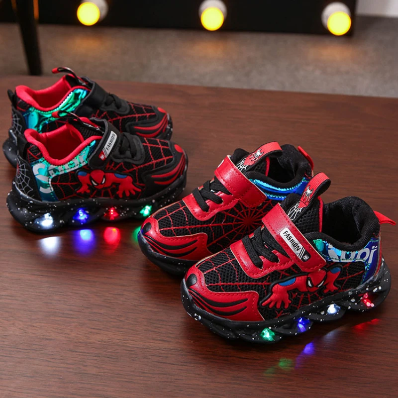 Disney Children\'s Led Light Sneakers Fashion Aoger Spiderman Boys Sport Shoes Cartoon Casual Shoes Breathable Outdoor Shoes