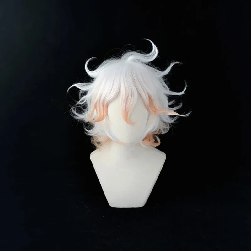 Anime Danganronpa Nagito Komaeda Parrucca Cosplay Breve Sfumatura Bianco Rosa Ricci Resistente Al Calore Capelli Sintetici Gioco di Ruolo Parrucca Protezione Della Parrucca