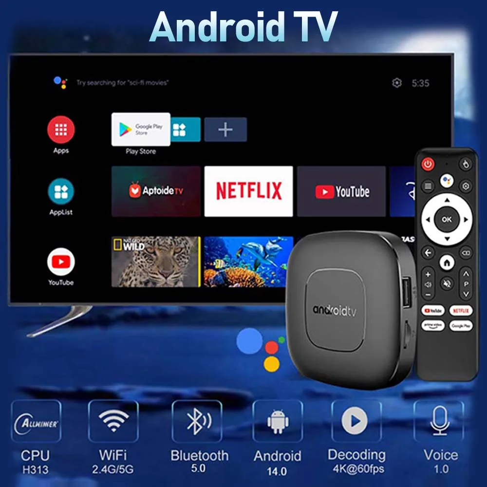 Versão global Smart Streaming Media Player TV Box AllwinnerH313 Android14 2.4G e 5G Wifi 4K Mortal T1 Bluetooth Google Assistant