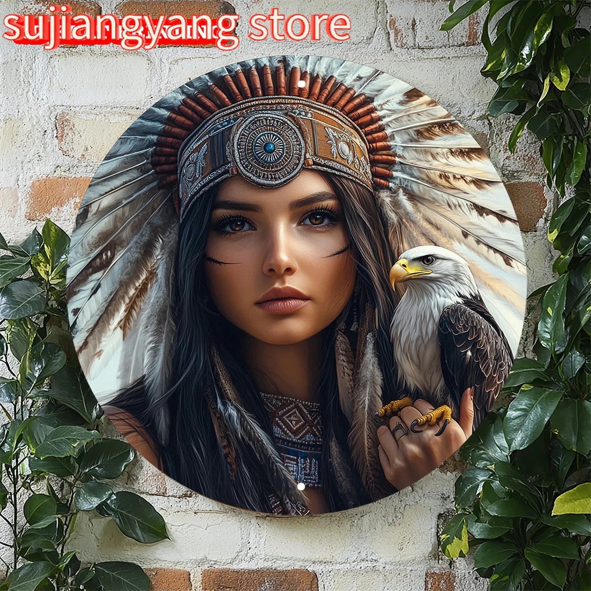 Rundes Metall-Blechschild „Indische Frau und Adler“, 20,32 x 20,32 cm, Aluminium-Wanddekoration mit vorgebohrtem Loch für Zuhause, Wohnzimmer R