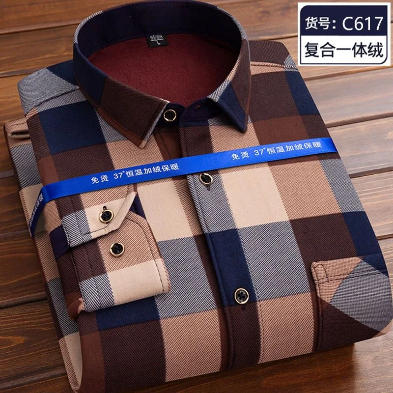 2024 Autumn and Winter New Fashion Trend Plaid Long-Sleeved Shirt Men\'s Casual Relaxed Comfortable Plus Fleece Thick Warm Shirt