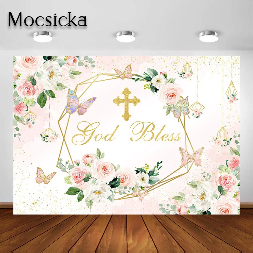 Fondo de bautismo Mocsicka para niñas, primera comunión, bautizo, Baby Shower, decoración de fiesta, fondo de bendición de Dios de oro rosa