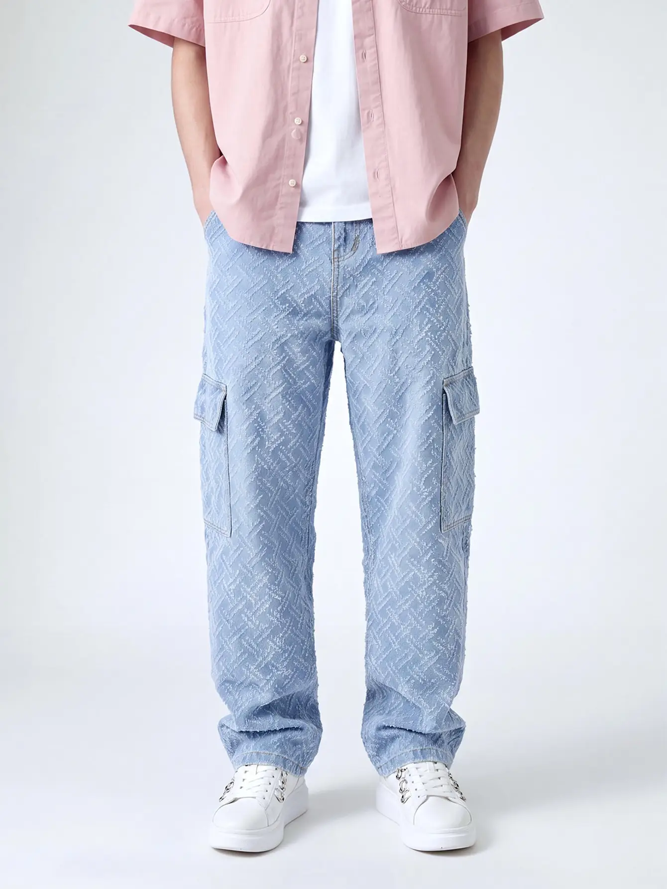Men's Light Blue Jacquard Herringbone Workwear Jeans — Multi-Pocket Loose Straight-Leg Streetwear Jacquard Denim Pants