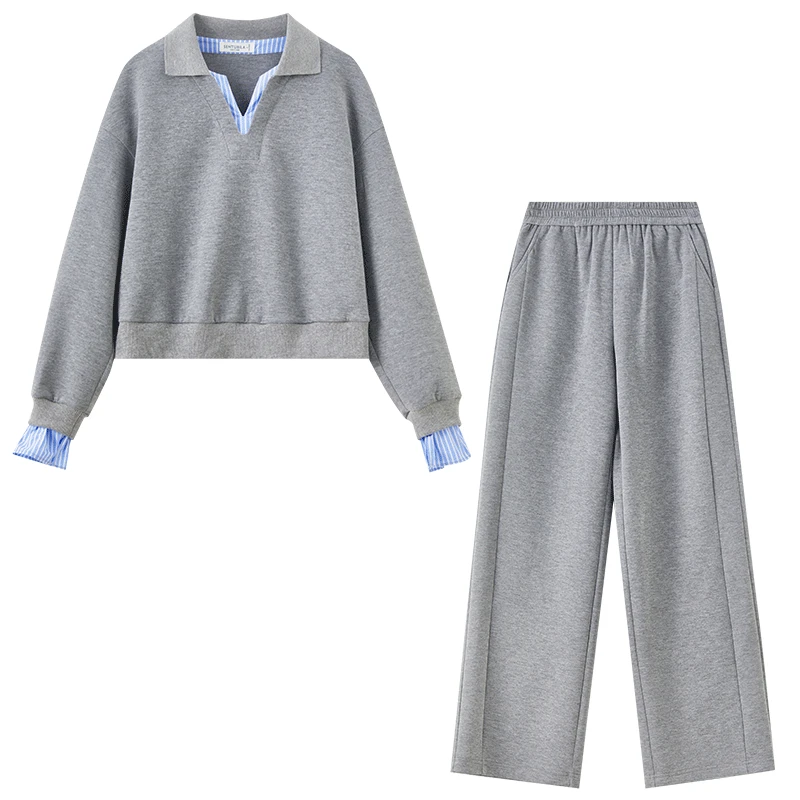 SENTUBILA Women‘s Pant Set 2025 Autumn Contrast Long-sleeve Turn-down Collar Sweatshirt Elasticized Wide-leg Pants 161ZH6522X
