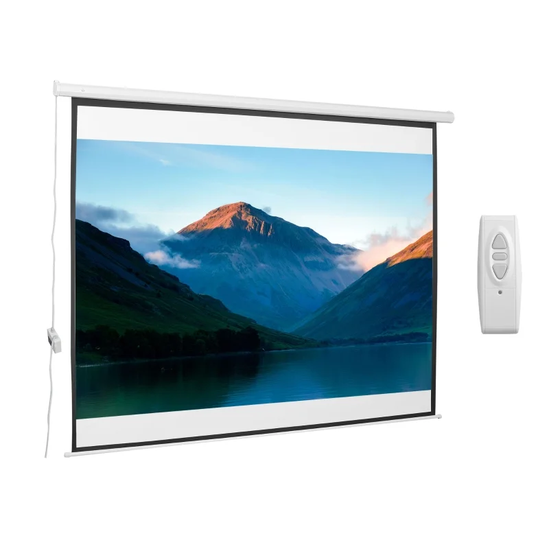 84-Zoll 4:3 4K HD Videoprojektor-Leinwand, motorisierte Projektionsleinwand für Heimkino, wand- oder deckenmontiert, mit einem Schild und einer Fernbedienung.