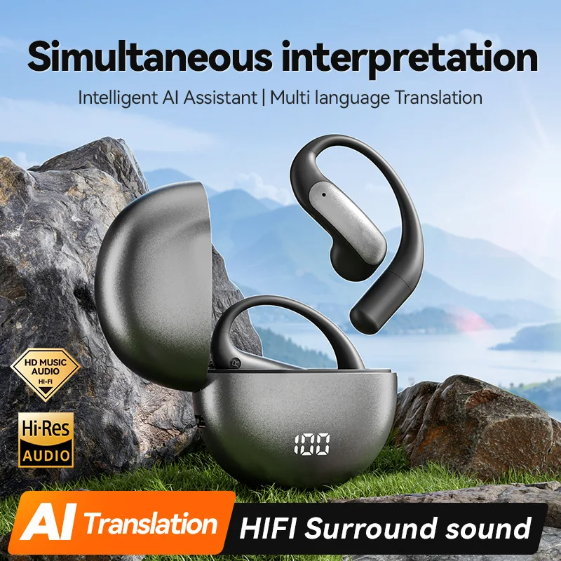 

AI intelligent translation wireless Bluetooth earphones with high aesthetic value and sports hanging ear style