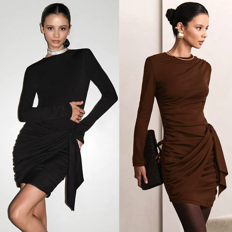 ชุดเดรสสำหรับผู้หญิง แขนยาว คอทรงโอ ดีไซน์หรูหรา สีดำ จับจีบ ชุดเดรสสั้น รุ่นใหม่ ประจำปี 2025
