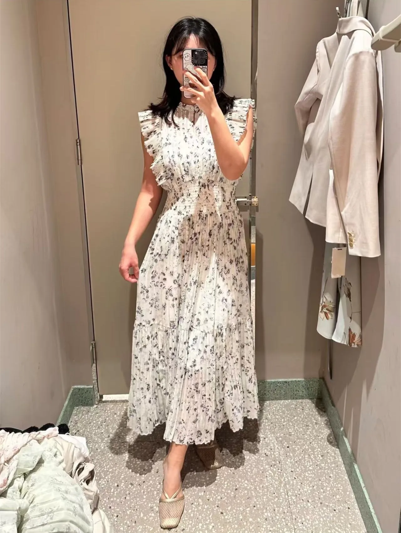 Magogo novo doce o pescoço manga voadora vestido babados chiffon impressão retalhos plissado robe japão elegante literário casual vestidos