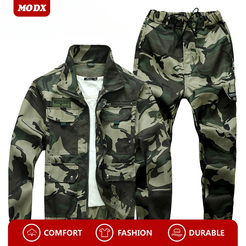 Spring Autumn Camouflage Set Men Loose Wear Resistant Stain Resistant Tear Work Clothes Outdoor Labor Protection Training Suit