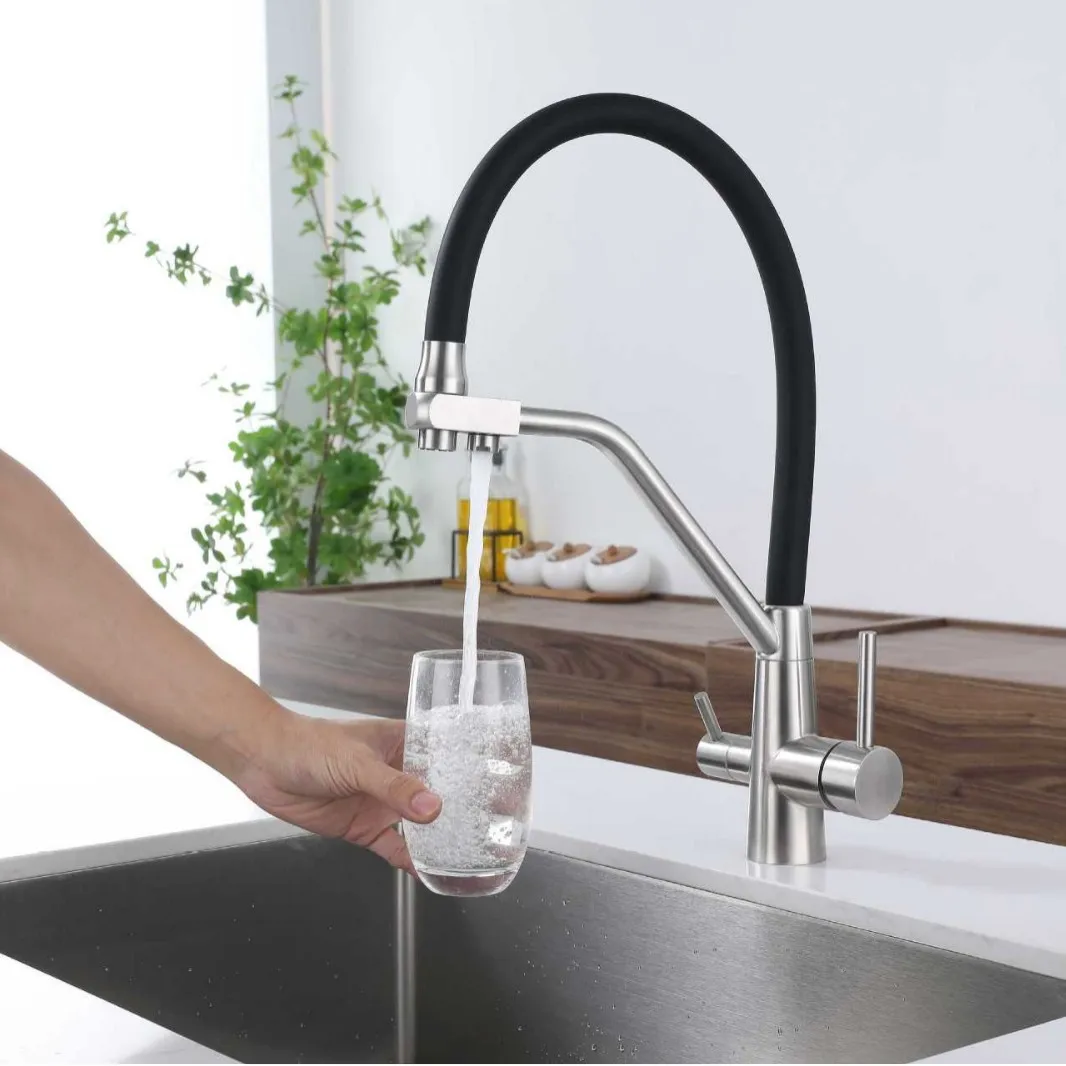 

304 Stainless Steel Faucet Russian Double Handle Silicone Tube Universal Three-in-one Hot and Cold Water Purification Faucet