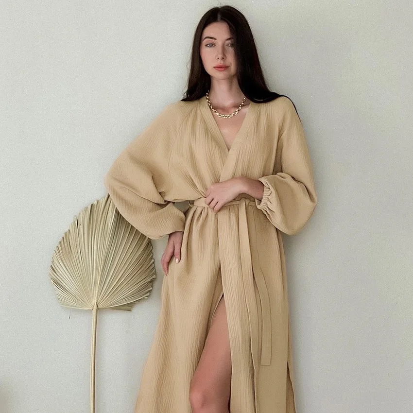 2023 New Pajama Clothing For Women Casual Cotton Comfort Lady Home Nightgown Long Sleeve Solid With Belt Nightrobe Spring Autumn