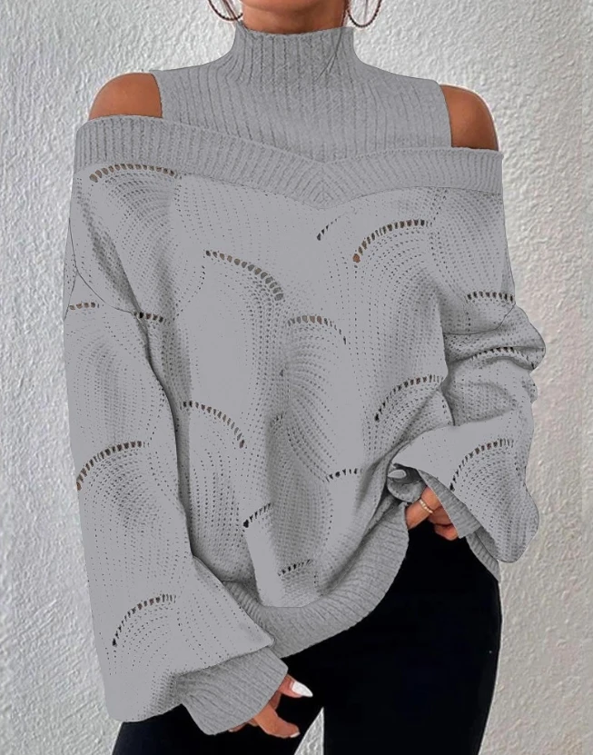 Women\'s Sweater Autumn Cold Shoulder Lantern Sleeve Hollow Out Casual Knit Plain Long Sleeve Loose Daily Pullover Sweater