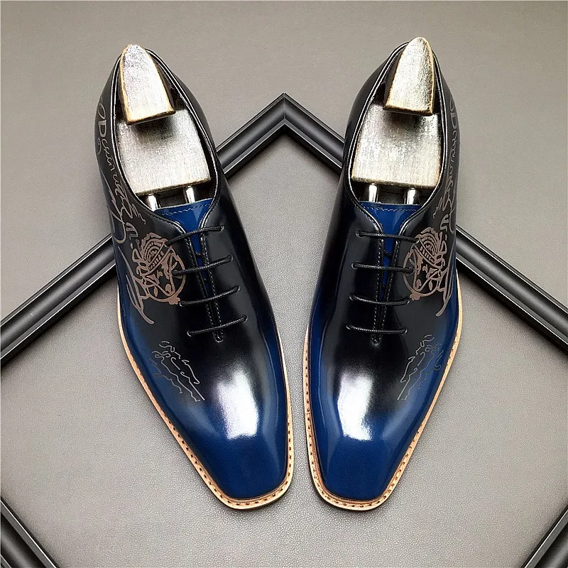 HKDQ Oxford  Men Dress Shoes Genuine Leather Fashion Wedding Brogue carving blue Lace Up Business Shoes Formal Black Party Shoe