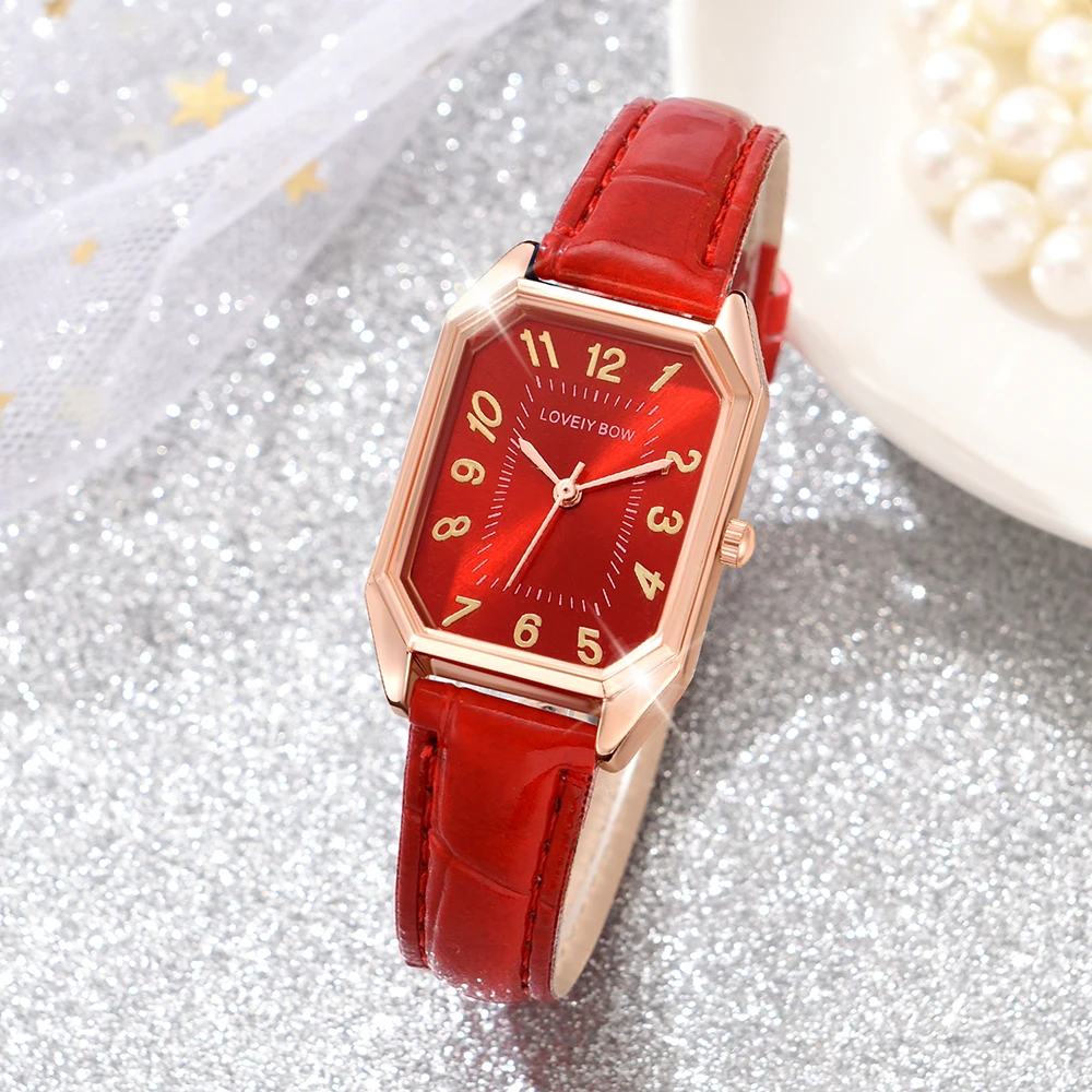 Red Ladies Watch 6PCS/Set Rectangular Dial Quartz Wristwatch PU Leather Strap Watch Butterfly Element Jewelry Set Gift For Girls