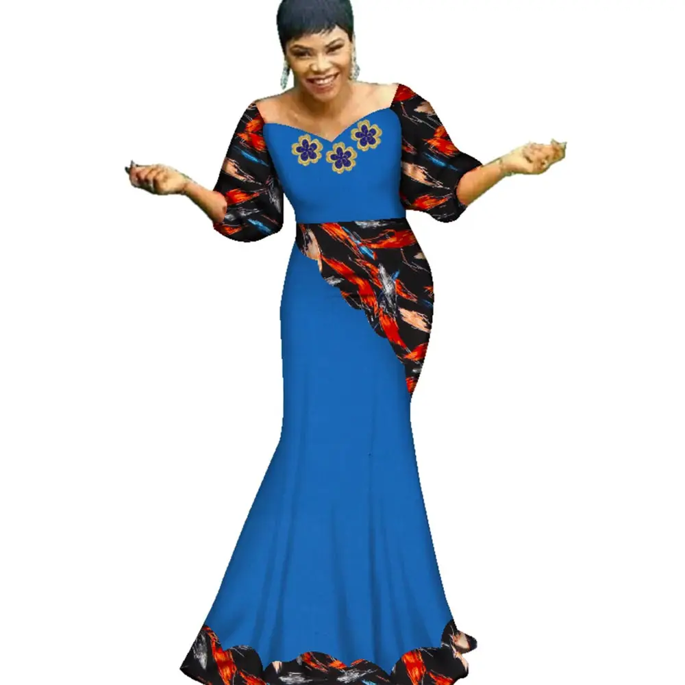 

Church Clothes for Woman with Applique Flower Traditional African Clothing Bazin Riche Print Patchwork Dresses for Women WY2920