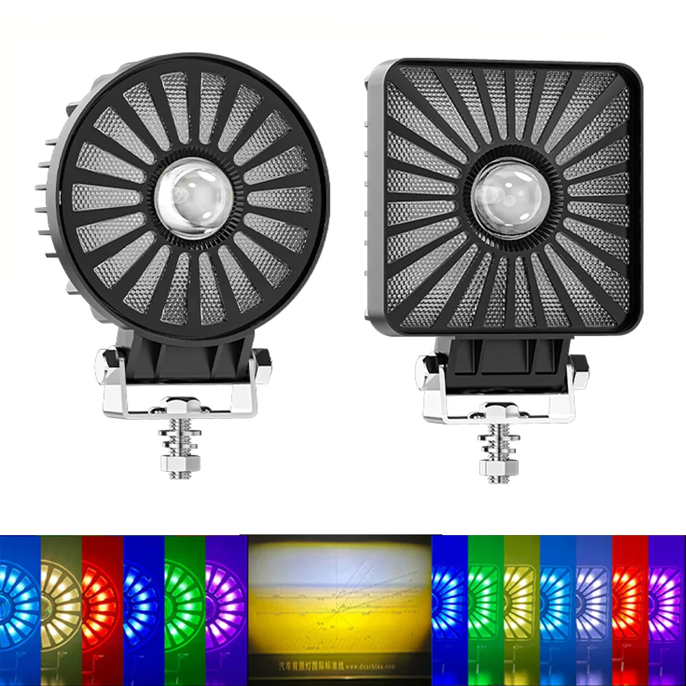 New Round Square LED Strobe Light Motorcycle Spotlight RGB 35W Work Light For Off-road/Motorcycle/Electric Vehicle/Forklift