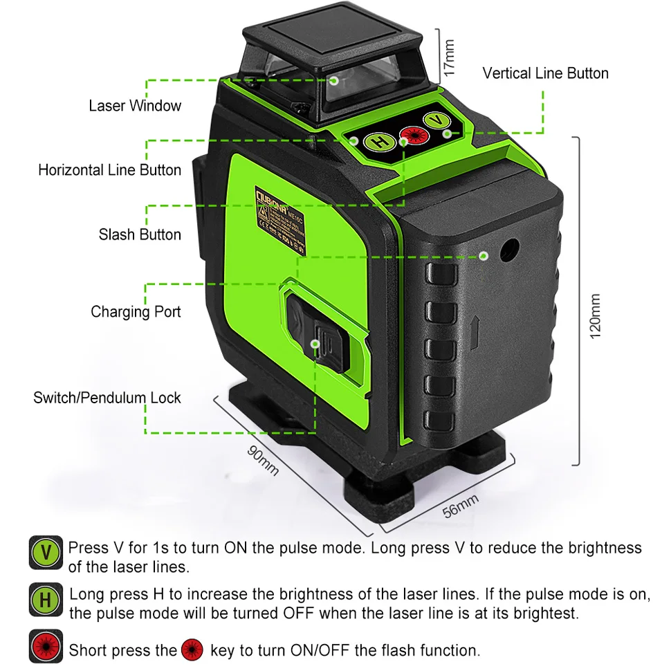 Clubiona-超強力な緑色ビーム4dレーザーレベル、16ライン、360インチ、水平および垂直