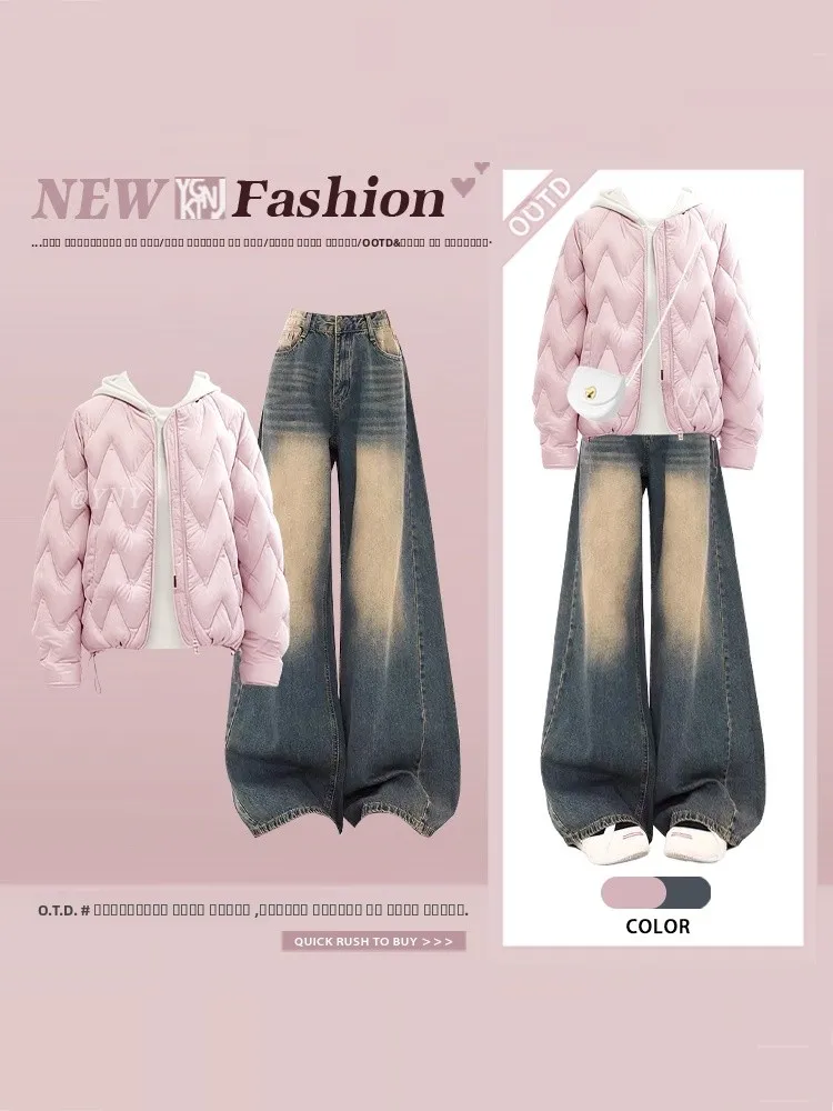 

Розовые хлопковые джинсы с широкими штанинами, женские модные ретро студенческие зимние комплекты с высокой талией, длинные брюки, пальто, наряд