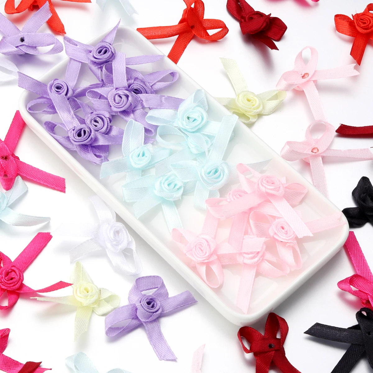 50 sztuk 3.5 * 4.5cm Mini Rose Head Ribbon Bows Twist Tie Bows Satin Ribbon Bow For Making Craft Sewing Clothing Accessories