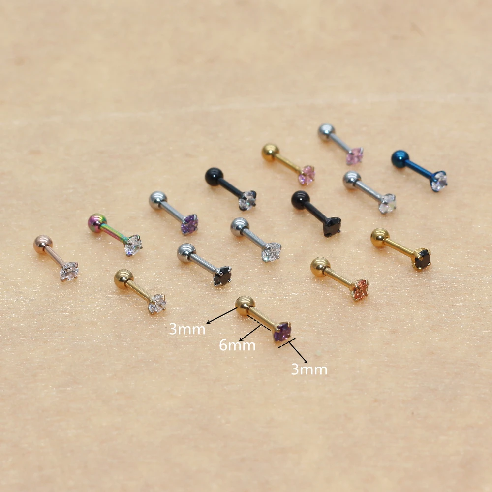 3mm Colorful Screw-back Stud Earrings 316l Stainless Steel Classical Gold-color AAA Round Zircon