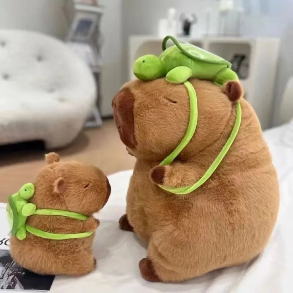 Capybara Plush with Turtle Backpack Cute Fully Filled Stuffed Aniamls Toys Keychain Bag Gifts for Kids Funny Animals Doll Brown