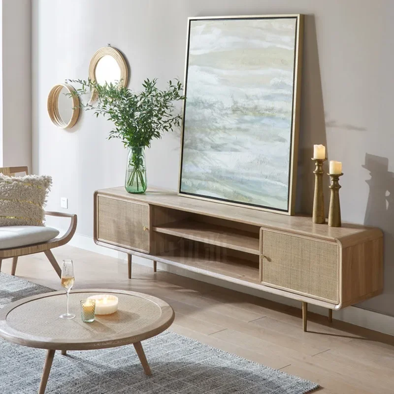 

Nordic solid wood TV cabinet small apartment simple rattan cabinet modern