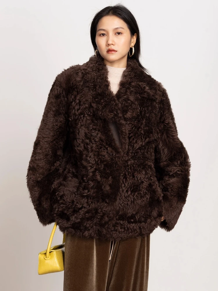 

High-end Luxury Natural Lamb Fur Winter Jackets for Women Simple Classic Notched Neck Fluffy Warm Genuine Leather Real Fur Coat