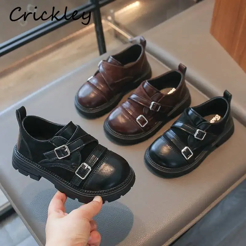 Solid Buckle Children PU Leather Shoes Spring Autumn Vintage Soft Boys Girls Flats Shoes Hook Loop Non Slip Kids Fashion Shoes