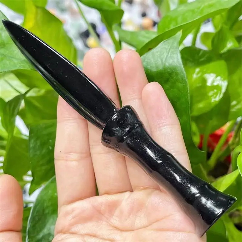 13CM Natural Black Obsidian Knife Carving Healing Fish Tank Landscaping Decor Home Decorations Gift 1PCS