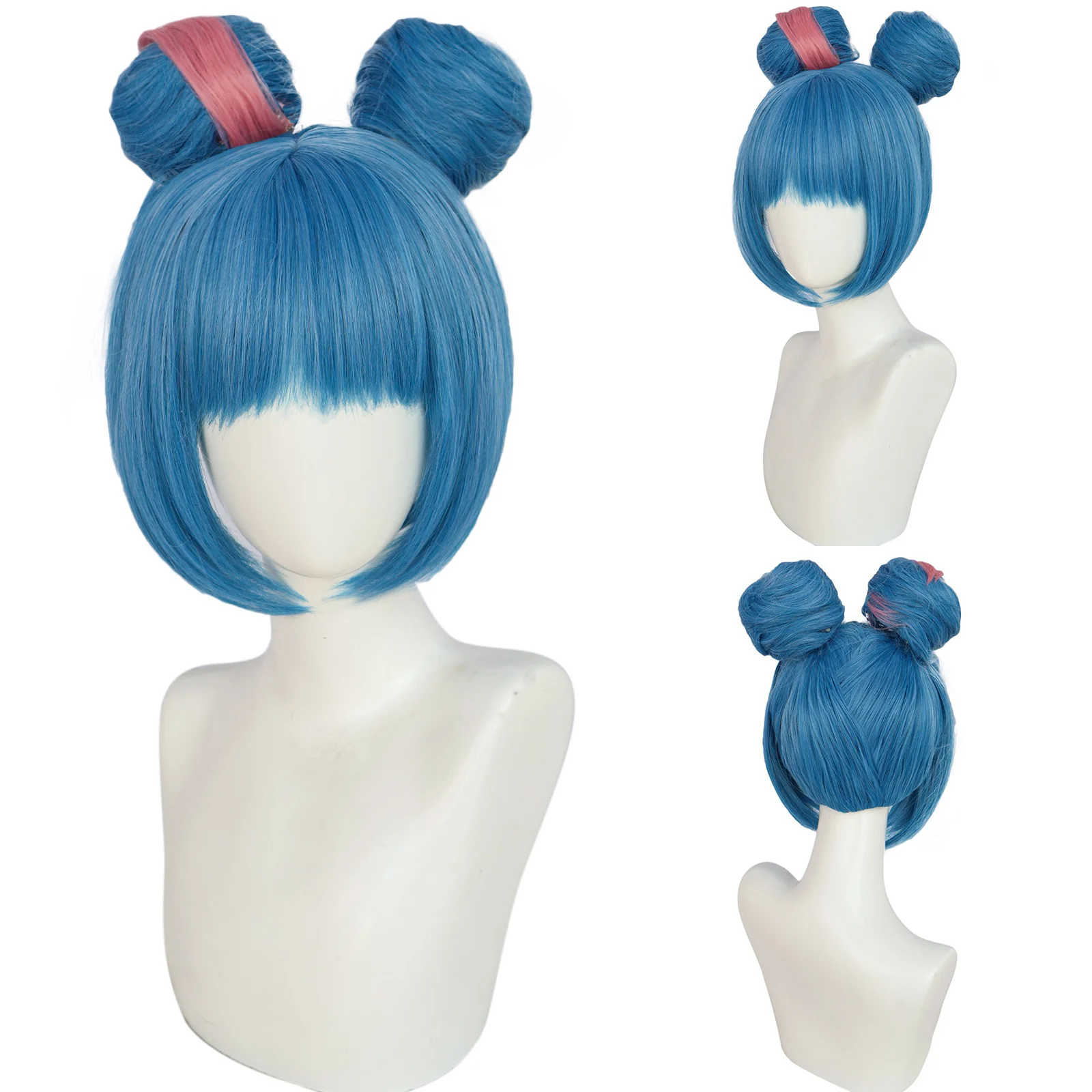 Jogo jinx cosplay peruca feminina resistente ao calor headwear azul franja coque duplo cabelo buns festa de carnaval de halloween