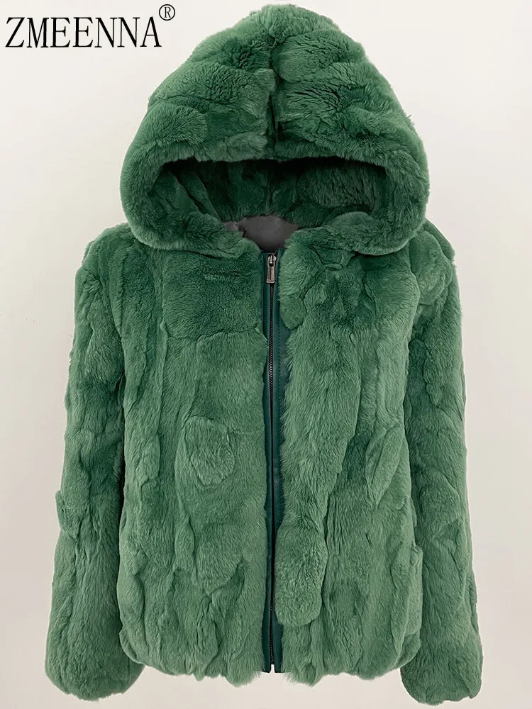 

ZMEENNA Soft Green Rabbit Fur Hooded Jacket For Women Cozy Chic Winter Coat Fashionable Outerwear Quality Apparel ZM3401