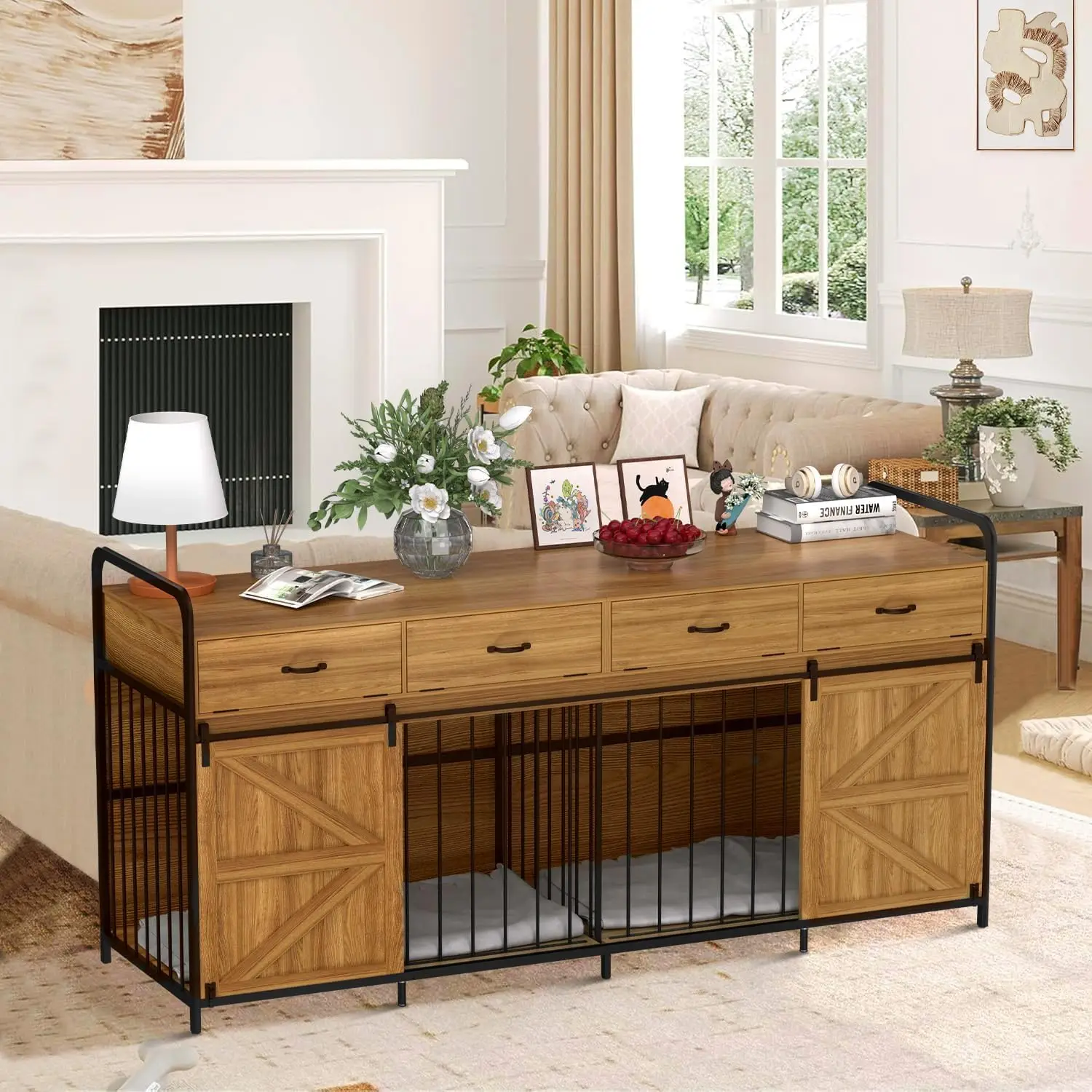 

78.7" Dog Crate Furniture Kennel, Dual Dog Kennel for 2 Medium Large Dogs, Wide Table Pet Crate TV Stand with Sliding Doors