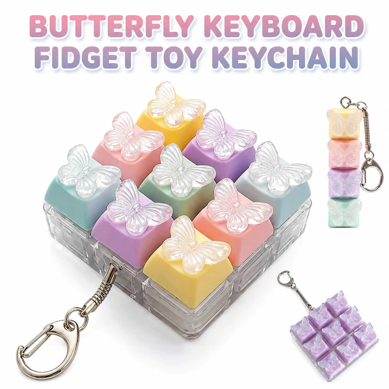 Butterfly Keyboard Switch Fidget Keychain Cute Pastel Clicky Mechanical Stress Relief Toy, Kawaii Bag Pendant Gift