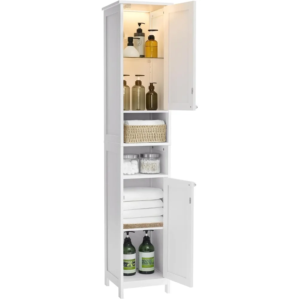 

Tall Bathroom Cabinet with Lights, Slim Bathroom Storage Cabinet, Freestanding Narrow Cabinet with Adjustable Shelves,